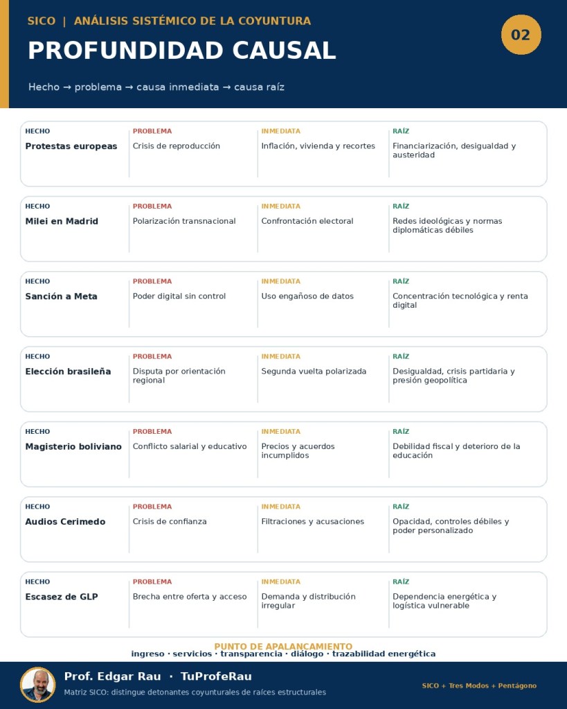 Meta descripción. La metodología SICO analiza las protestas globales, la disputa latinoamericana y la fragilidad boliviana mediante sistemas, raíces estructurales, Tres Modos de Poder, loops e IVG, con especial atención a Santa Cruz.